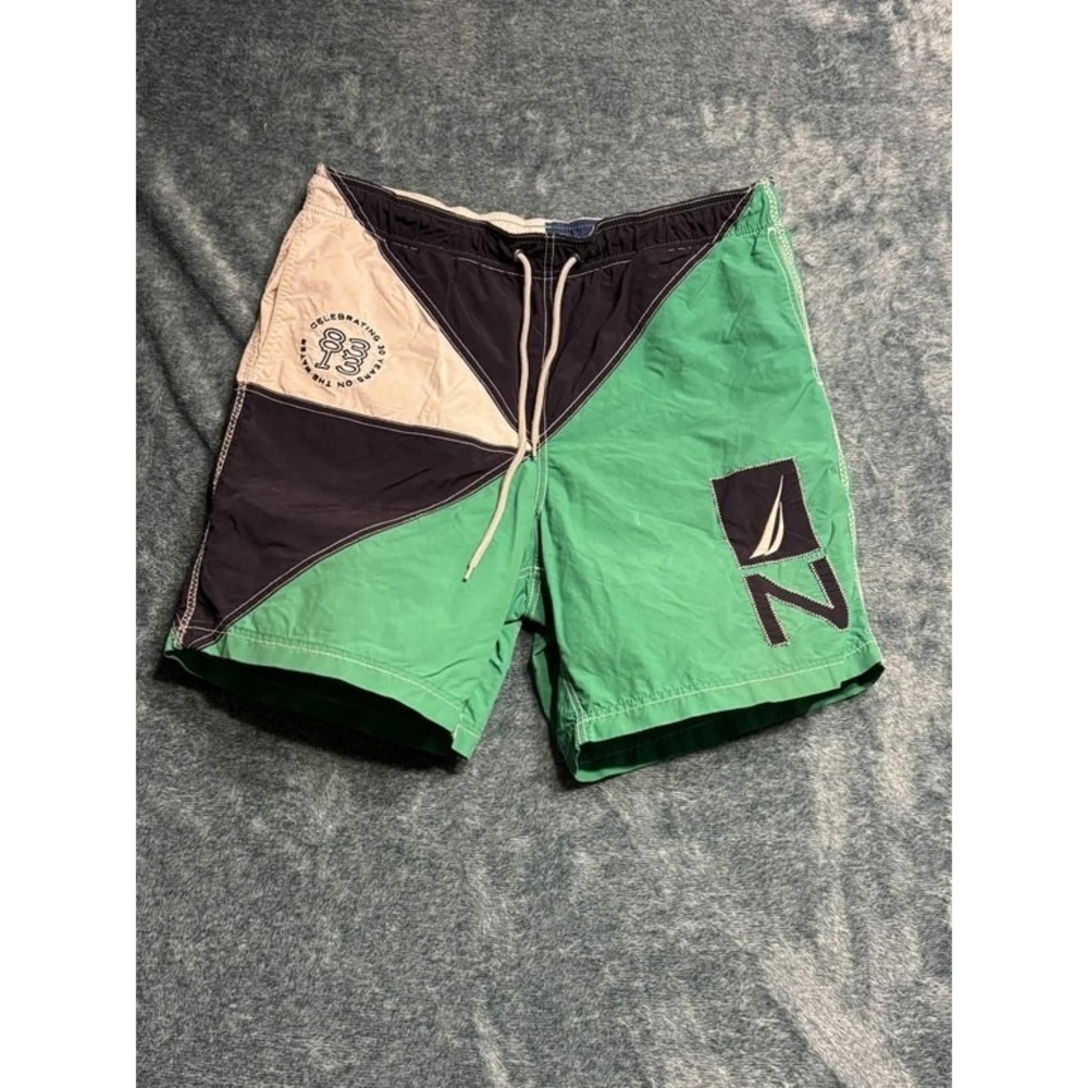 Nautica Swim Trunks Colorblock 30th Anniversary Size M Green/Black/Tan